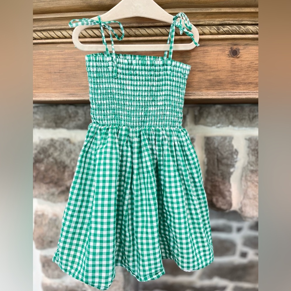 Crew Cuts green gingham smocked shoulder tie dress size 3t